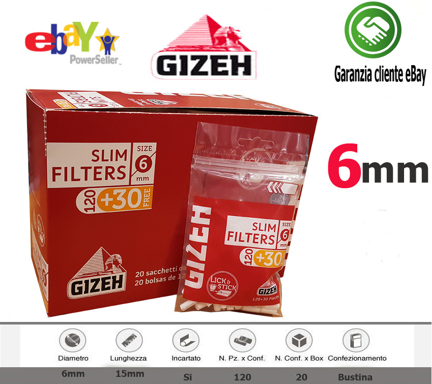 Filtri Gizeh Slim 6mm Filtre con Striscia Comata Box 20 /10 Bustine Da150 Filtro
