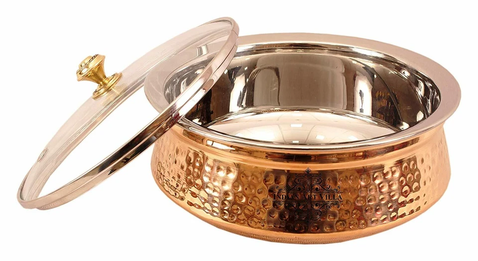  Cazuela martillada de acero de cobre Donga cuenco con tapa de vidrio vajilla 1350 ml Foto 2 de 3