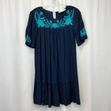 Ann Taylor Loft Womens Shift Dress Navy Embroidered Ruffled Hem Drop Shoulder XS