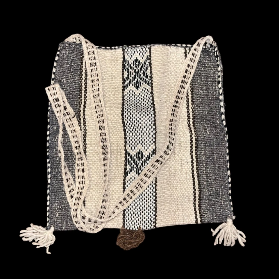 Vintage Bohemian Woven Wool Crossbody Tote Bag | Mexican Baja Pattern, Earthy - Image 2 of 4