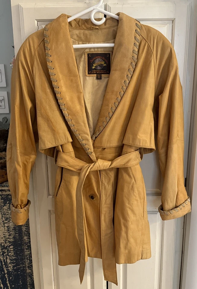 Wilson's Adventure Bound Vintage Tan Belted Leather Coat W/lining Gorgeous! XS