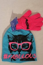 NEW Girls Beanie Hat Gloves 2 Pc Set Acrylic Knit Cap Blue Pink Cat Fabulous