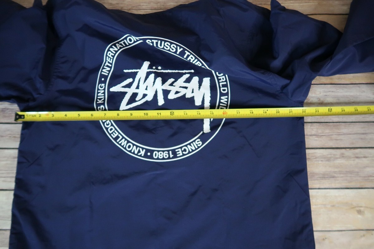 Mens Stussy Long Hooded Windbreaker Jacket Sz M Navy Blue Snap