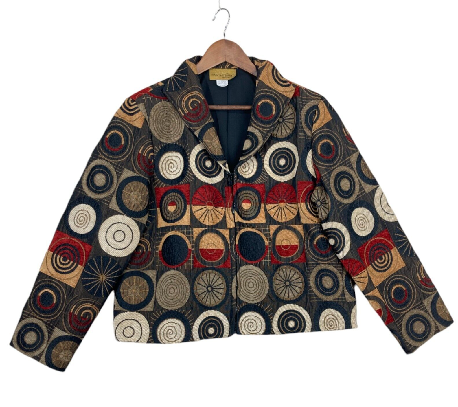 Giacca donna vintage dipinta pony toni terra arazzo geometrico artistico full zip L