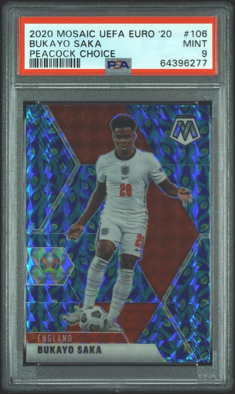 Bukayo Saka 2020-21 Panini Mosaic UEFA EURO20 Peacock Prizm SSP PSA 9 POP 8 #106