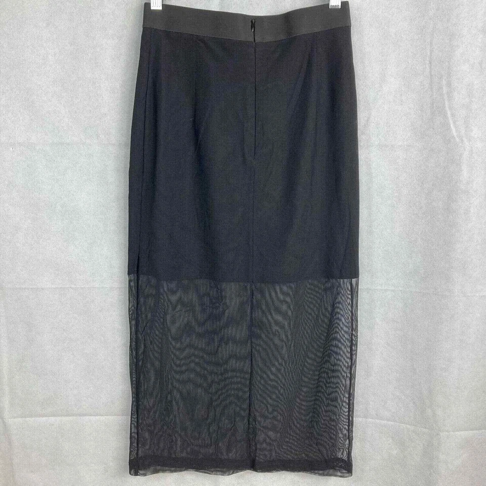 Sandro Paris Skirt Womens Sz 1 S Black Sheer Overlay Hem Stretch Midi Rear Zip - Image 2 of 4