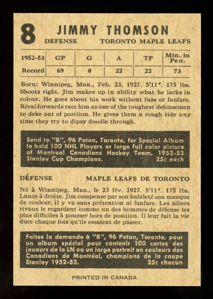 1953-54 PARKHURST NHL HOCKEY #8 Jim Thomson EX+ Toronto Maple Leafs card - Image 2 of 2