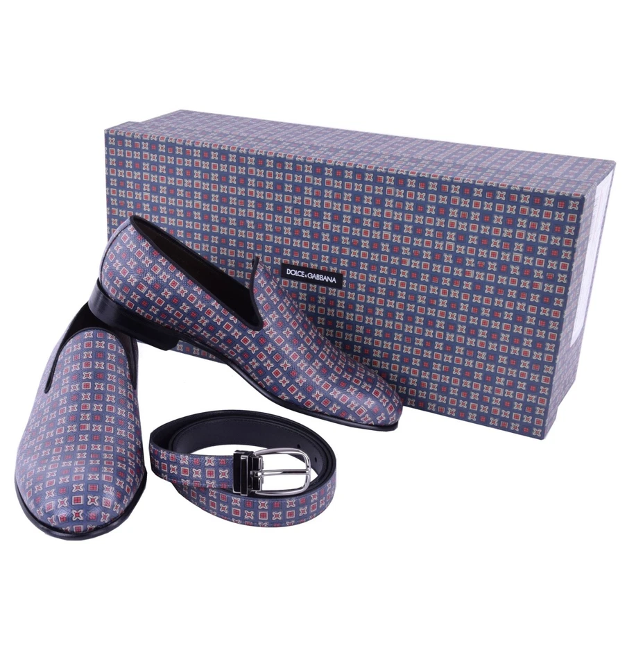 DOLCE & GABBANA Zapatos Mocasines de Cuero MILANO y Cinturón Conjunto de Regalo Azul Rojo 04882 Foto 2 de 4