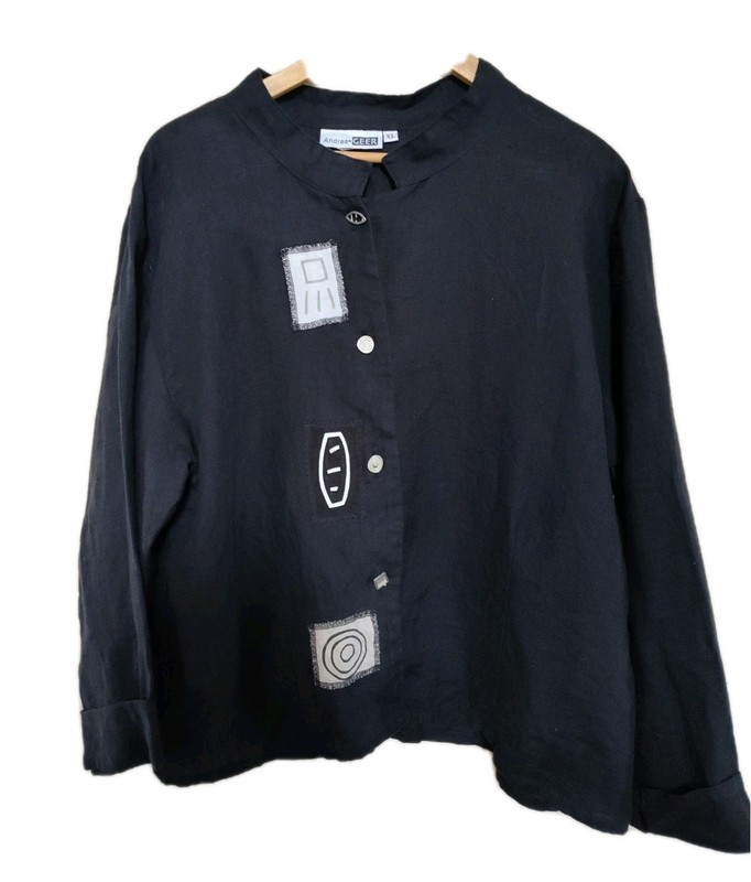 Vintage Andrea Geer Black Linen Jacket Cardigan Artsy Boho Abstract 