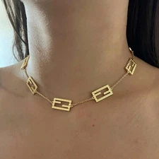 Gold Tone CharmFENDI Signature Choker Necklace Charm Chain Women's Necklace