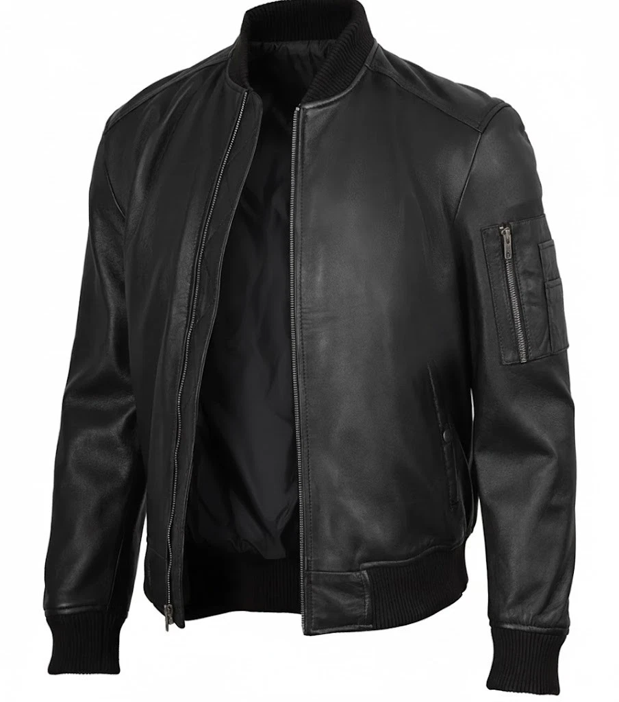 Men's Black Real Leather Bomber Jacket – Minimalist Edition