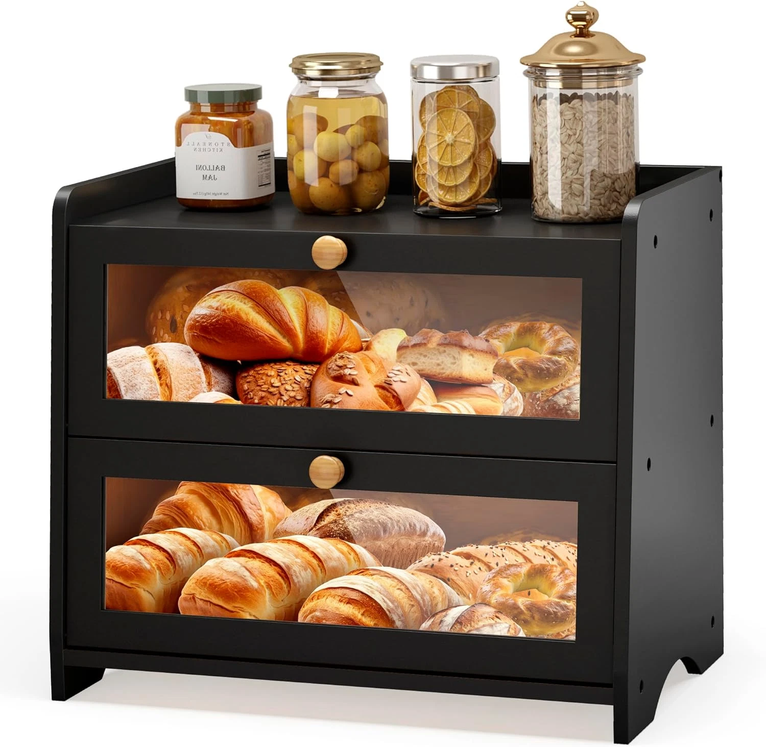 Double Layer Bread Box Large Wooden Farmhouse Bread Storage with Windows