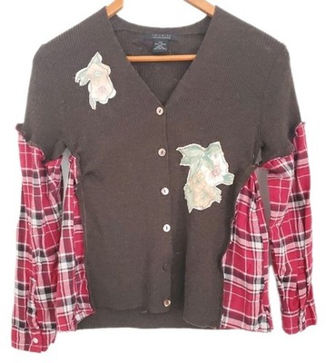 Upcycled Craftcore Flannel Plaid Mashup Sweater Merino Wool Cotton Women S Small