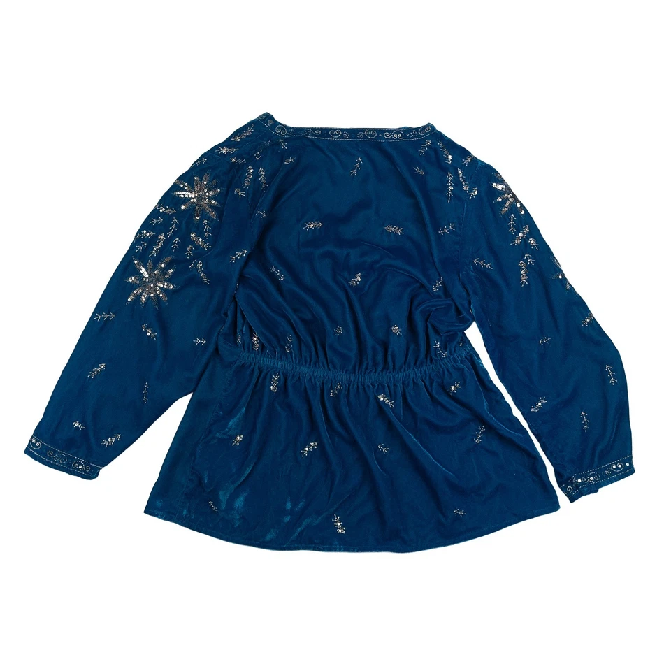 Monsoon Top UK 12 Teal Blue Velvet Sequin Embroidered Boho V-Neck Blouse - Image 2 of 4