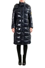 Plein Sport Women's Navy Blue Hooded Logo Print Zip Up Long Parka Jacket