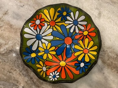 VINTAGE  GLASS PAINTED FLOWERS  ASH TRAY MID CENTURY HIPPY FLOWER POWER