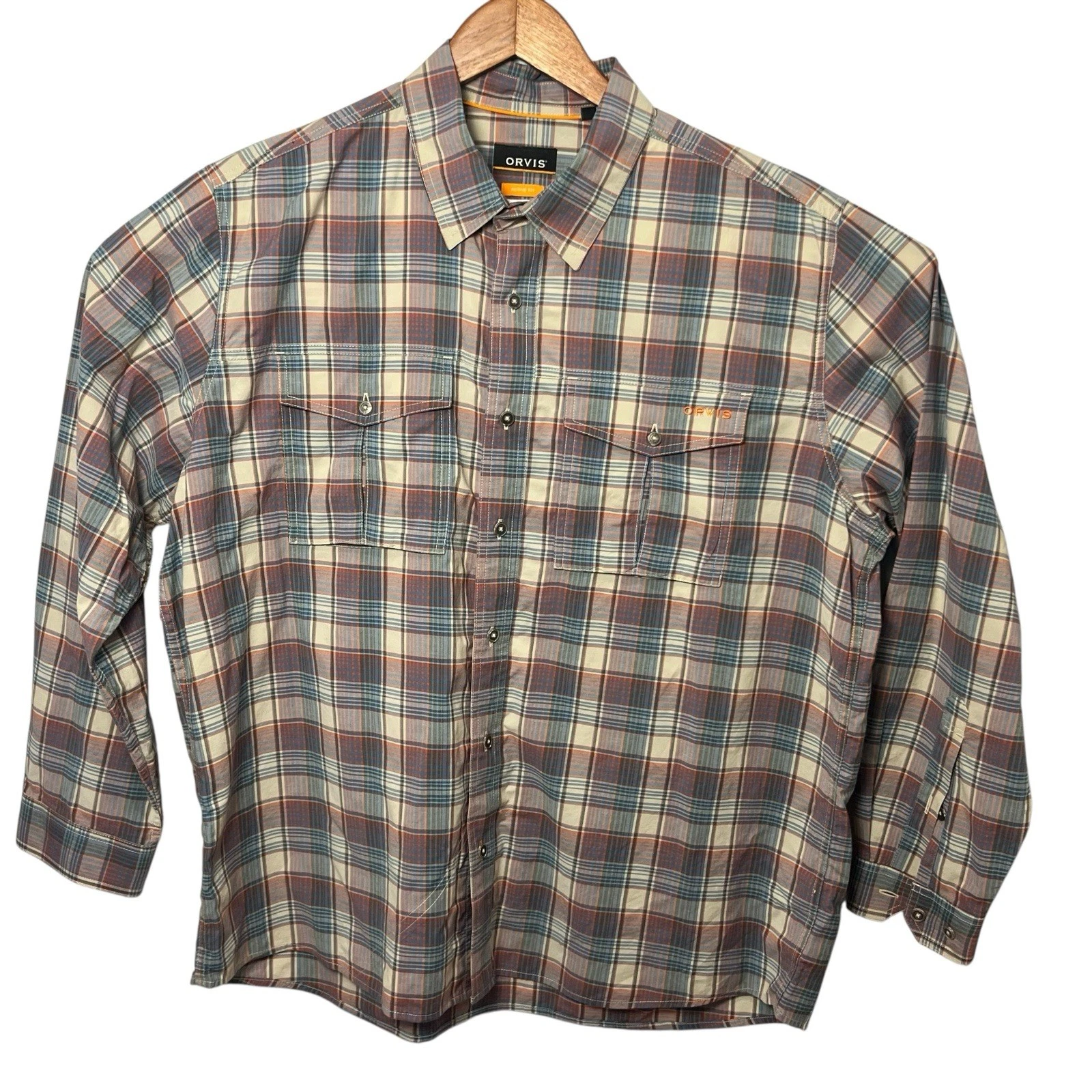 Orvis Shirt Mens Size L Plaid Long Sleeve Button Up Active Fit Nylon Blend