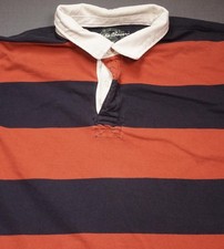 Eddie Bauer Rugby Polo Shirt Mens 2XL Orange Navy Striped Long Sleeve Cotton