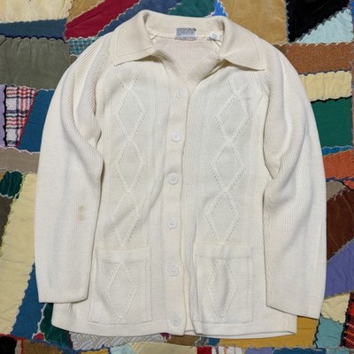 Vintage 90s Country Craft Robe Designed White Cream Cardigan Sweater Medium