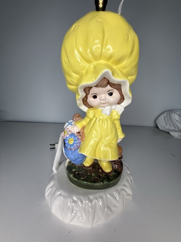Vintage 1970s Ceramic Table Lamp Holly Hobby Girl With Yellow Dress And Basket