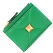 Valentino Roman Stud Coin Case W2P0Y06BSF Green Leather Pre-owned Coin Purse,