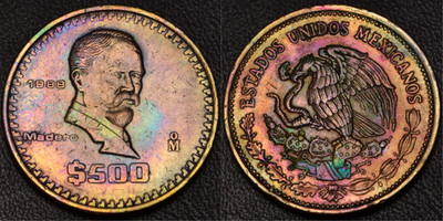 1988 Mexico 500 Pesos GORGEOUS RAINBOW TONING OBV&REV (61-2)