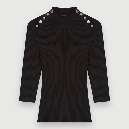 Maje Paris Black Logo Button Sweater Knit Ribbed Crew neck Work Preppy Size 3 Sm
