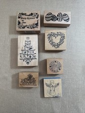 Lot of 7 Rubber Stamps Wood Mounted Used Christmas Holiday Themed Trees Wreath
