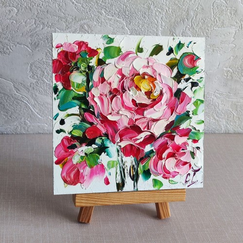 original oil painting Rose pink flowers artwork Floral small wall art 6*6 inch - Picture 4 of 11