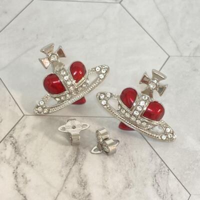Vivienne Westwood Earrings Pierce Diamante Heart Silver Red 2.5 cm
