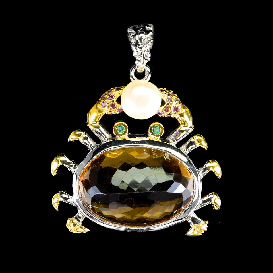 Colgante de plata de ley 925 citrino 36 quilates esmeralda hecho a mano perlas cangrejo joyería 🌎 Foto 2 de 4