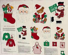 VIP Cranston Merry Christmas Appliques Fabric Panel Santa, Teddy Bear, Snowman 