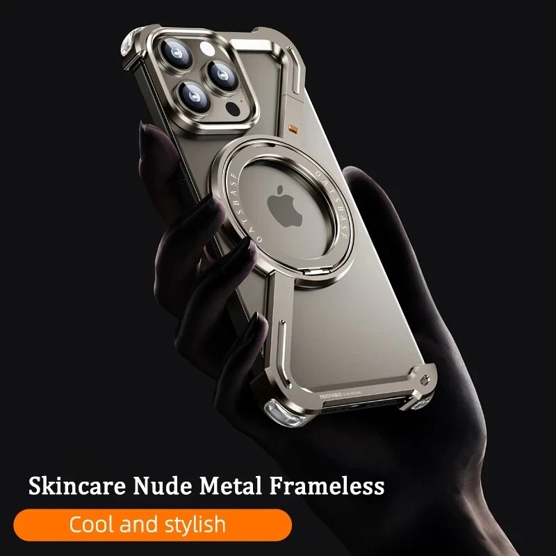 Magnetic Aluminum Metal Z Shape Rimless stand Case For iPhone 15 14 13 Pro Max - Picture 6 of 16