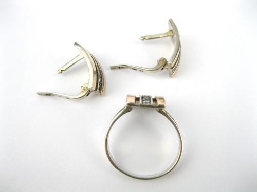 Set Ring Earrings Silver 925 and Gold 375 Size 9 Ukraine USSR - Picture 13 of 24