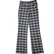 vintage hand made plaid bell bottom 70s wool pants navy yellow