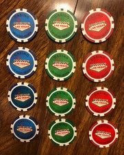 Las Vegas casino chips red green blue total of 12