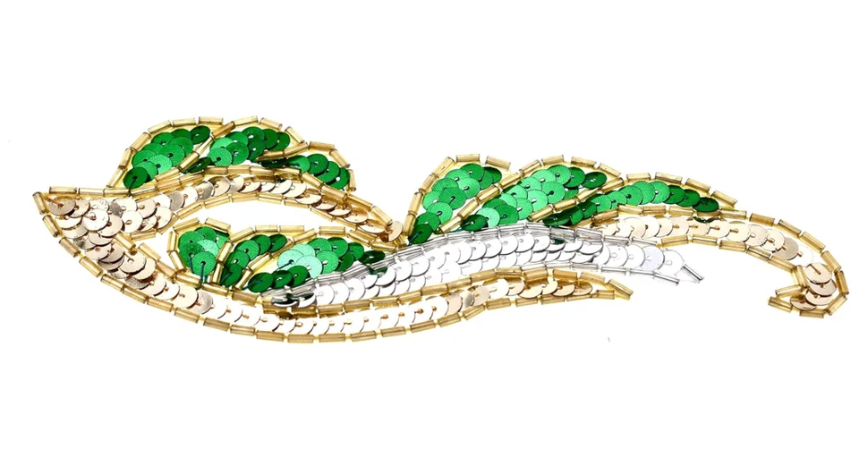 Apliques de ala con lentejuelas, lentejuelas verdes/plateadas, cuentas de tubo de oro, coser, 6" l Foto 2 de 2