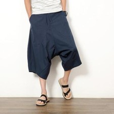 Mens Linen Cotton Wide Leg Short Trousers Loose Casual Hang Harem Pants Culottes