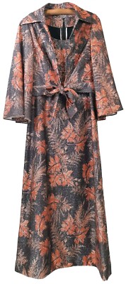 VTG 2Pc Dress Set Shimmer Sleeveless Maxi Kimono Sleeve Tie Front Jacket  Boho