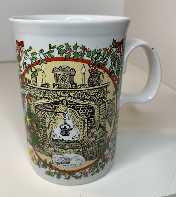 Vtg Dunoon Cup Mug Christmas Tree Cat Fireplace Hearth Window Holly Sue Scullard