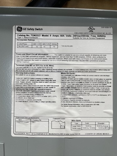 NNB GE TGN3322, Modello 9, 60 Amp, 240 Volt, 3PH 3W, Nema 1, Non Fuso, Scollegare - Foto 3 di 3