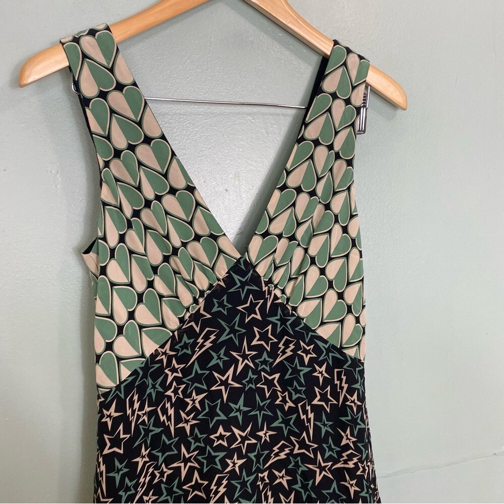 Anna Sui Silk Heart Star Green Upcycled Midi Dress Green Sleeveless Size 4