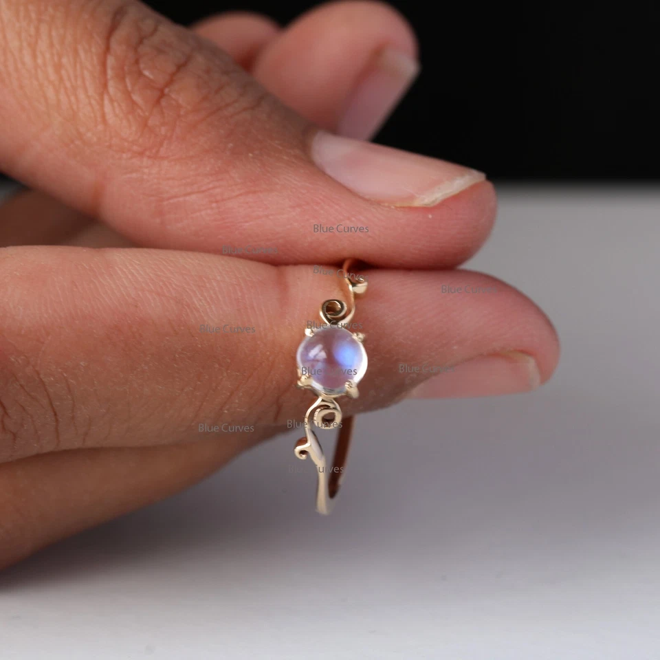 Solitaire Moonstone Thin Band Ring, Sides Leaf Design In 18K Yellow Gold Jewelry - Image 4 of 4