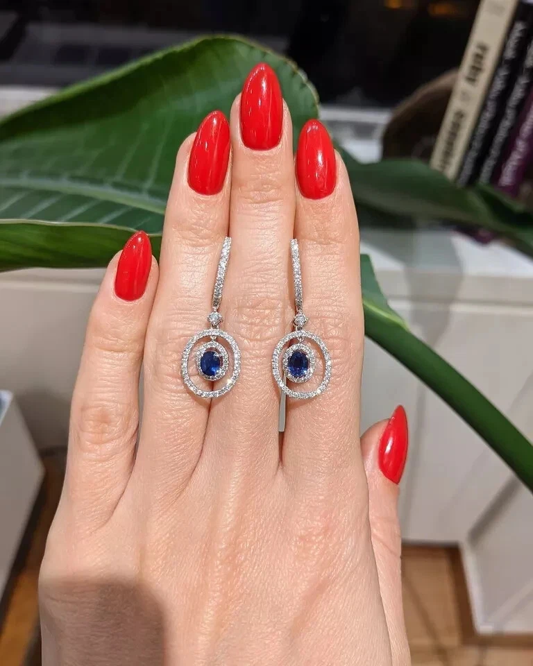 1.50 Ct Oval Cut Natural Blue Sapphire Diamond Earring Stud 14K Real White Gold - Image 2 of 4