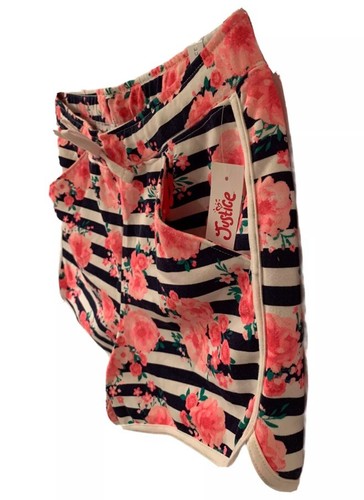 Justice Girls Dolphin Shorts Black 16/18 Plus Cotton Flowers Stripes Pockets - Picture 9 of 12