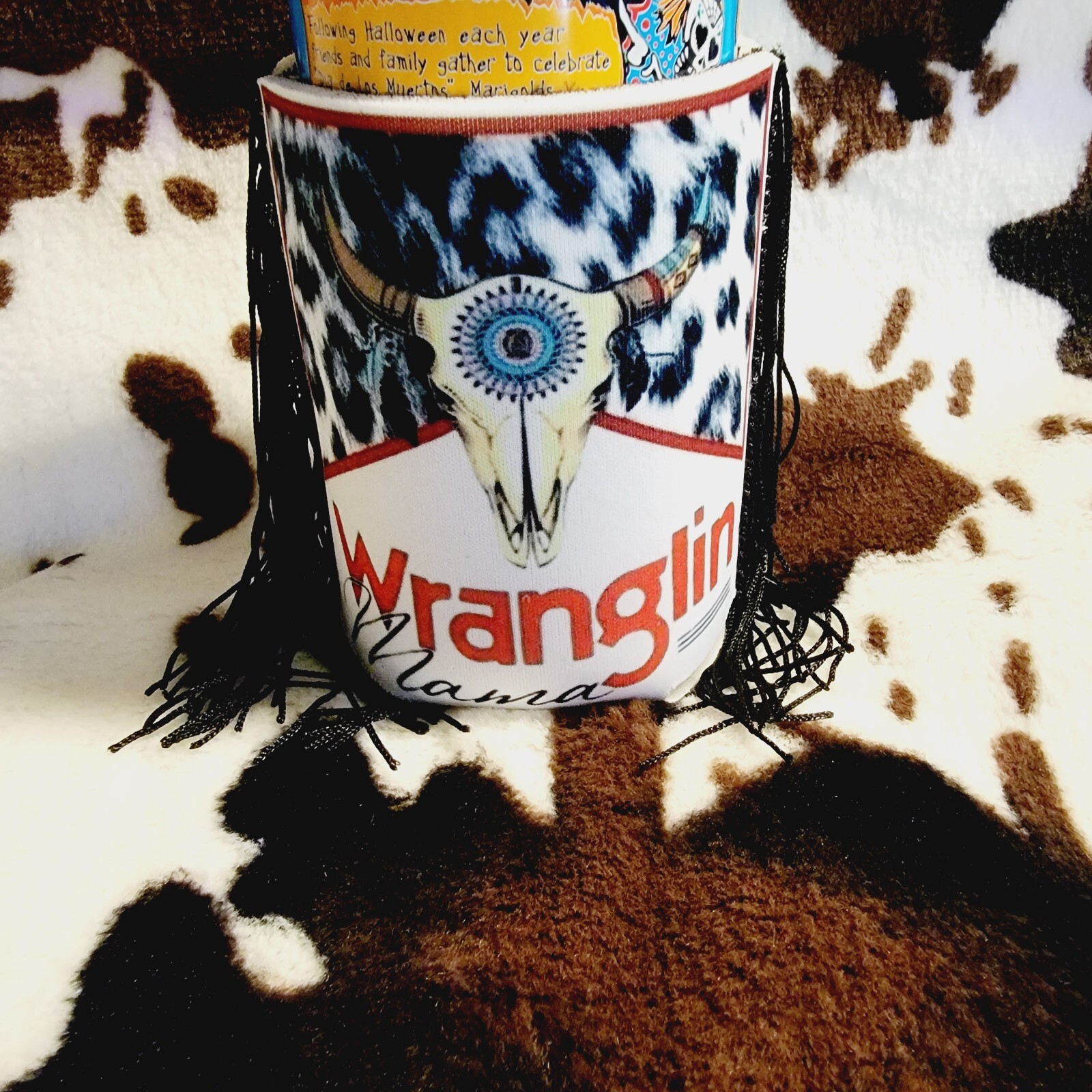 Wranglin Mama Fringe 12oz Can Cooler Koozie Western Handmade Drink