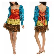 ALICE AND OLIVIA Rowen Tiered Babydoll Dress Womens XS Blue Red Floral Print 