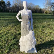 VTG NEW Bridal Originals Sleeveless Silver Sequin White Tulle Gown Asymmetrical