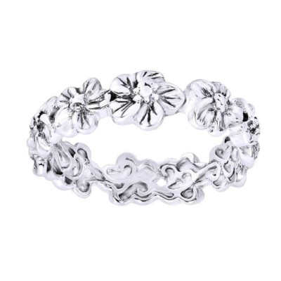 Plumeria Flower Eternity Band Wedding Ring 14K White Gold Plated Sterling Silver