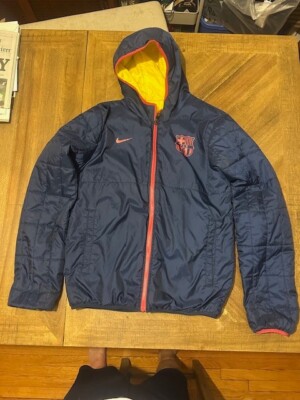 Nike FC Barcelona Mens Reversible Hooded Soccer Full Zip Puffer Blue Jacket Med